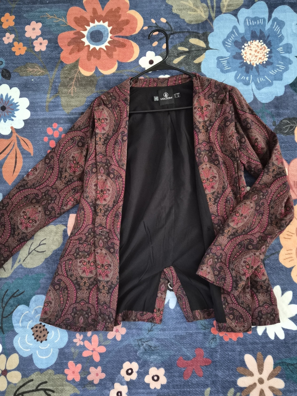 Volcom Women's Paisley Open-Front Jacket in Burgundy and Black